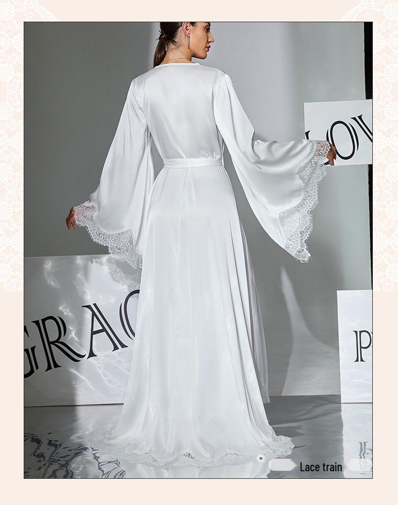Black & White Satin Morning Robe with Flared Sleeves, Lace Accents, Long Style, Tie Belt, and Train Hem