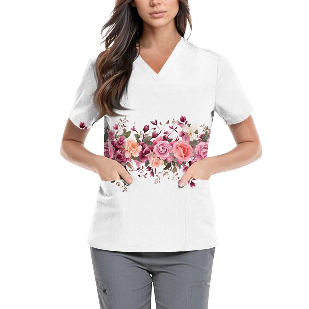 Süße bedruckte Arbeitskleidung für Damen, V-Ausschnitt, doppellagige Taschen, Basic, kurzärmeliges Oberteil, Pullover, Valentinstag