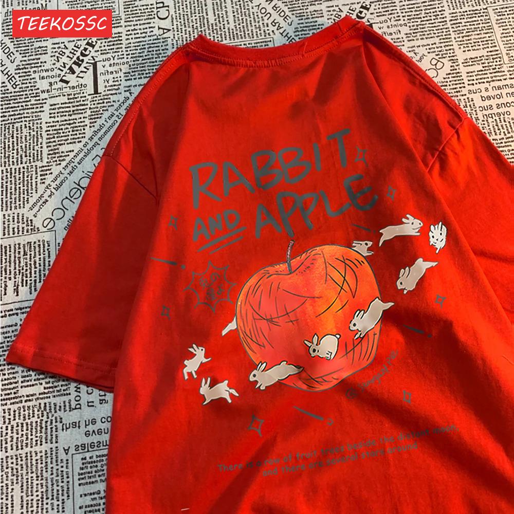 

Rabbits Running Around Apples Print Mans Tees Cartoon Breathable T Shirts Popular Comfort T-Shirt Retro Round Neck Short Sleeved M