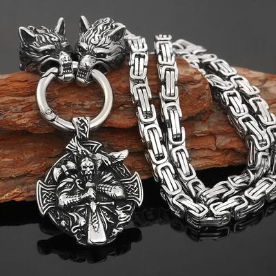 New High Quality Stainless Steel Viking Wolf Head Odin Portrait Crown Axe Pendant Necklace Men's Jewelry Pendant Necklace Gift