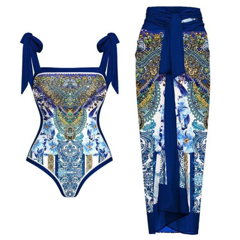 Damen tropischer Blumenprint geraffter Wickel-Badeanzug mit passendem Sarong Zweiteiler