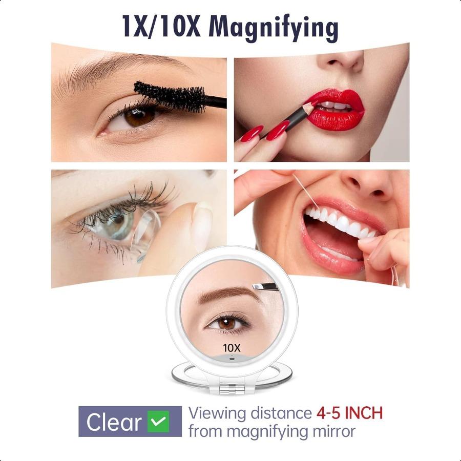 Magnifying Mirror 10X 1X Double Sided Magnification Makeup Vanity Mirror Rechargeable Lighted Mirror with 3 Color Setting Adjus