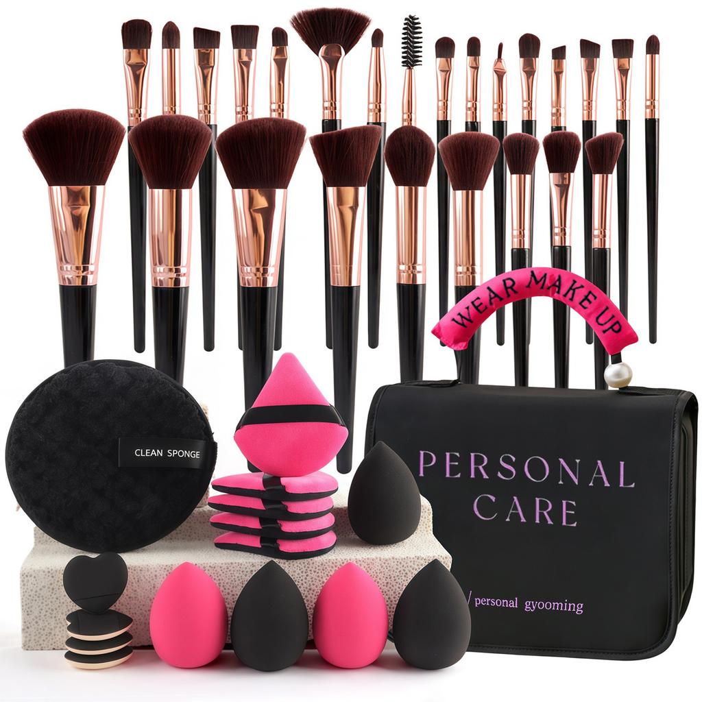 47-Piece Face Makeup Brush Set with Nylon Bristles Plastic Handle Travel-Friendly Bag & Puff-Cross Border