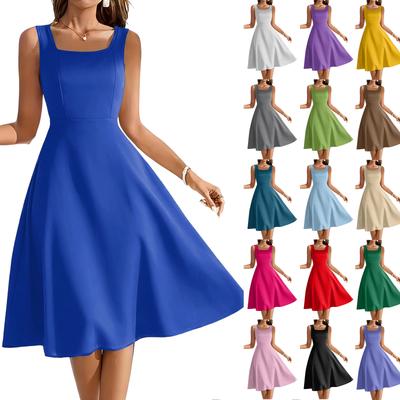 Ärmelloses Midi-Kleid mit quadratischem Ausschnitt für Damen, elegantes A-Linien-Kleid, figurbetont und ausgestellt, Sommer-Freizeitkleid mit einfarbigem Muster