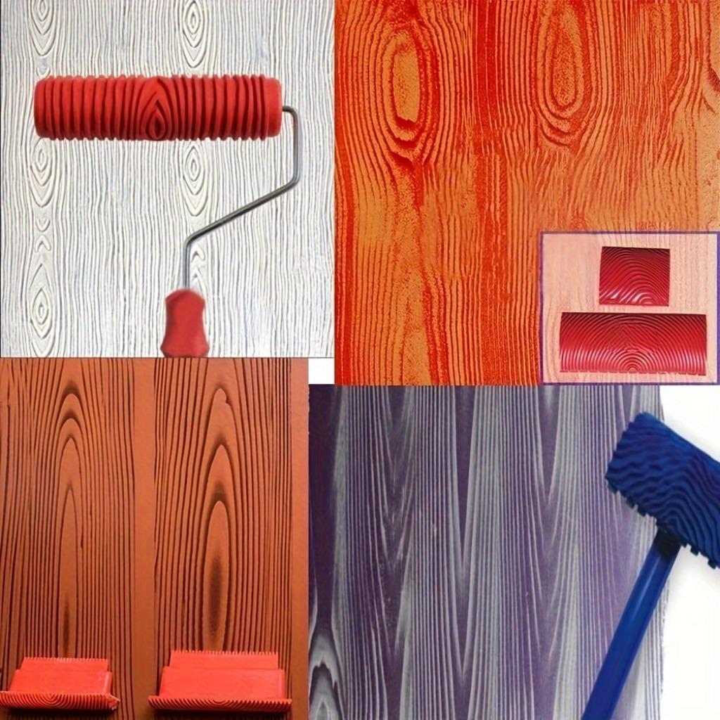 1 sada nástrojů na malování dřevěných zrn, 7" válečkový nástroj na malování s umělým dřevěným zrnem s rukojetí, nástroj na malování gumových zrn, barva vypadá jako dřevo na zeď v místnosti