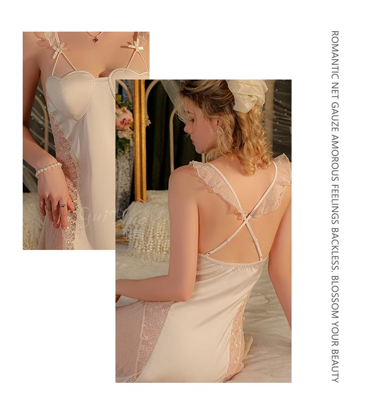 Cămașă de noapte elegantă din satin și dantelă transparentă cu mâneci scurte bufante și halat, set pentru femei