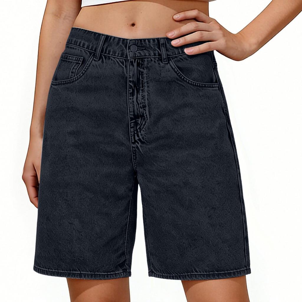 High Waist Denim Shorts for Women Loose Fit Knee Length Casual Five Pocket Design Button Zip Closure