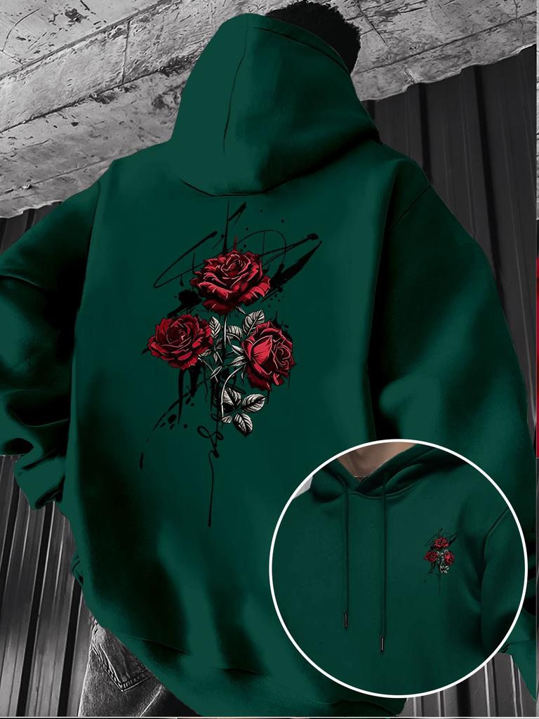 Retro Red Rose Splatter Art Print Hooded Sweatshirt for Men, High Street Niche Casual Pullover Long Sleeve Hoodie