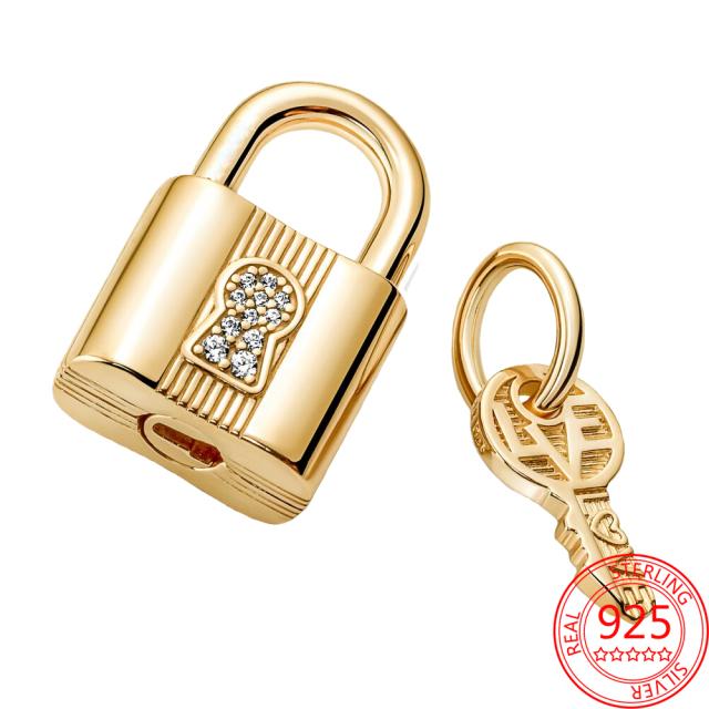 New 925 Sterling Silver Gold Padlock & Key Dangle Charm Fit  Original  Silver Bracelet Beads for Women Fine Jewelry Gift