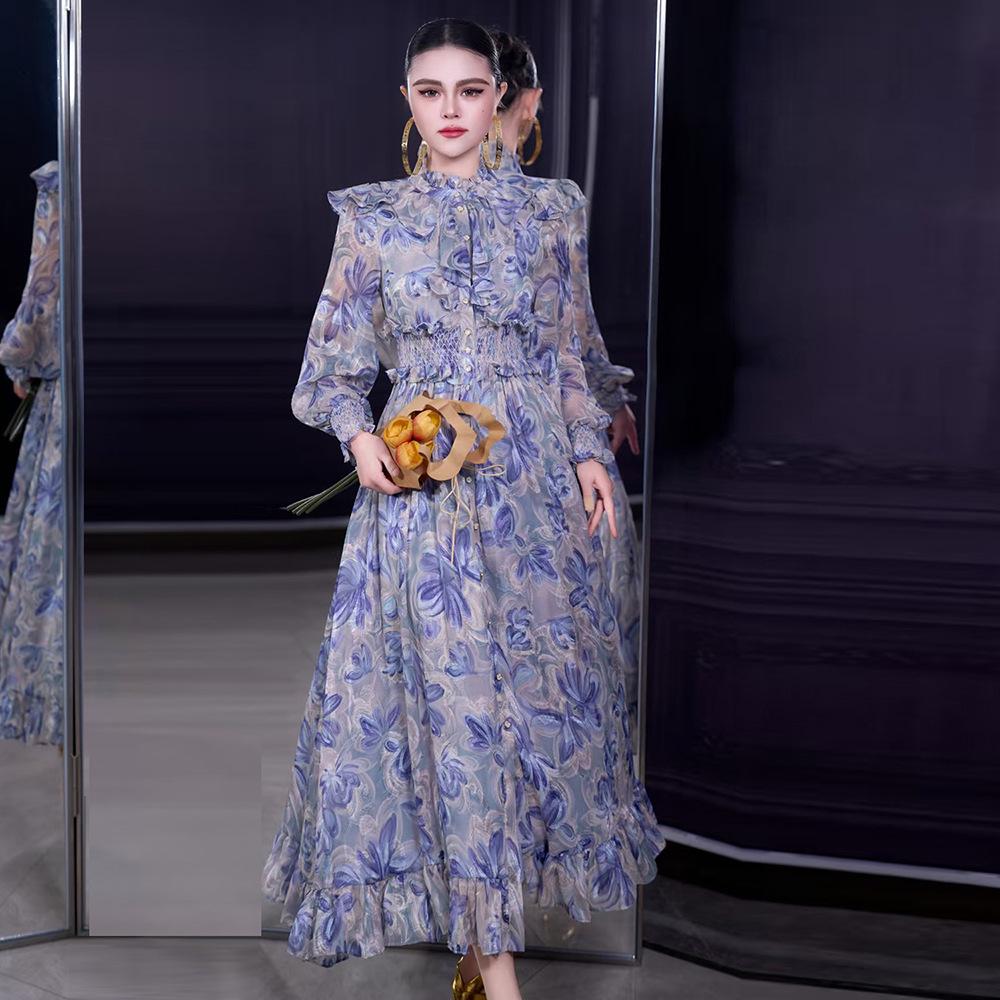 Stand Collar Long Sleeve Ruffle Waist Courtly Light Skirt - Spring 2026 Women's Collection