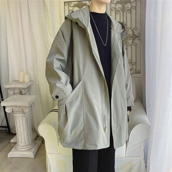 Herren Windjacke Mantel Mit Kapuze Langarm Reißverschlussleiste Trenchcoat Mit Taschen Einfarbig Lockere Passform Mittellange Oberbekleidung