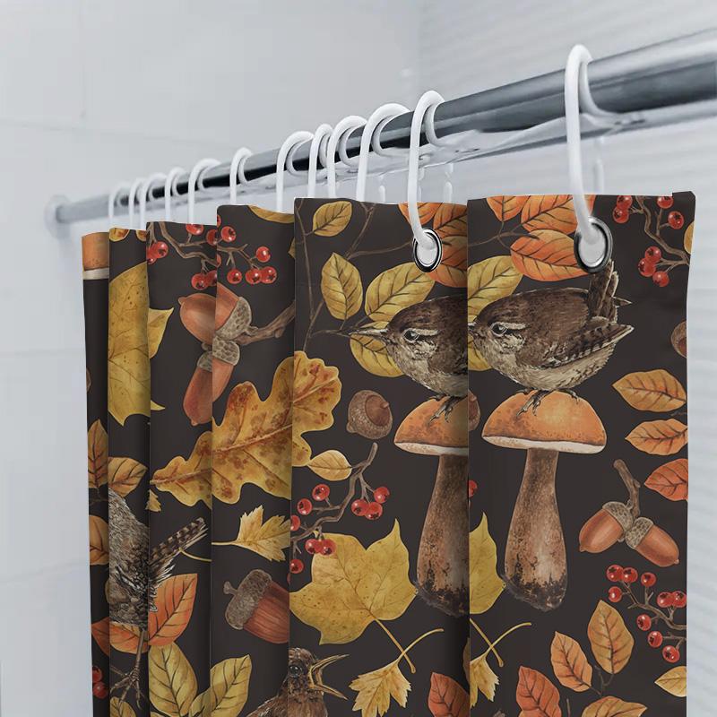 Autumn Leaves Birds Mushroom Shower Curtain Waterproof Printed Bathroom Decor For Home Decoration