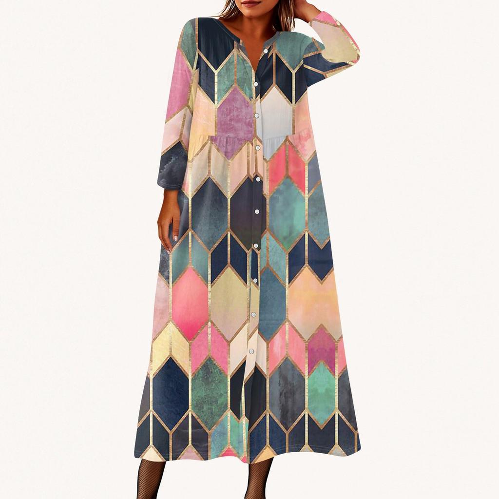 Dame Mote Trykket Rund Hals Syv Kvart Erm Knapp Løs Skjortekjole