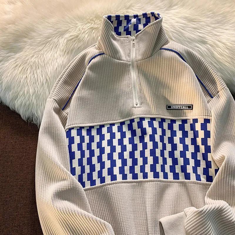 Unisex Retro Checkered Half-Zip Waffle Sweatshirt - Trendy and Loose for Autumn
