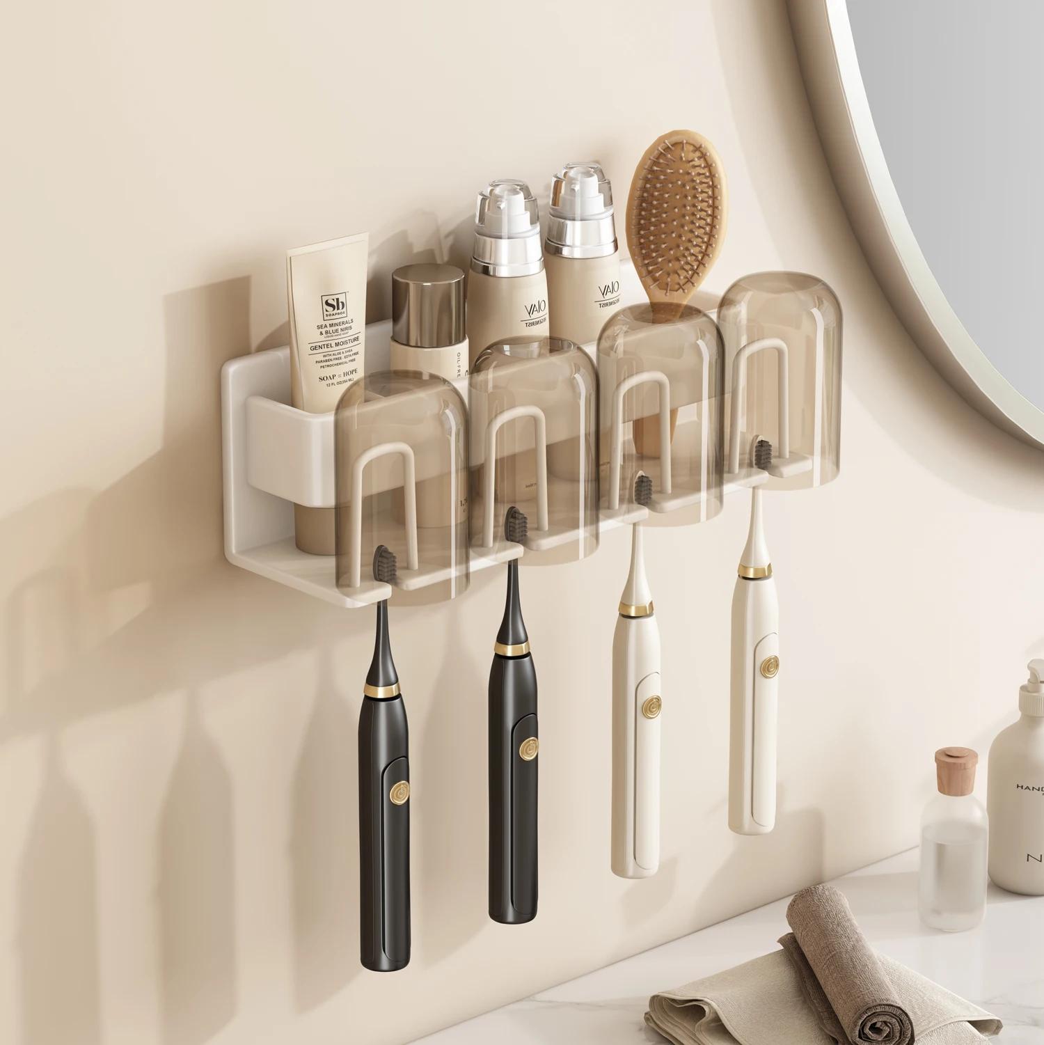 

Metal Toothbrush Rack Multi-Function Toothbrush Holder Punch-Free Toothpaste Holder Wall-Mounted Bathroom Storage Box 4 Holder