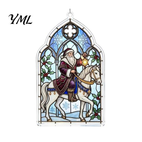 Christmas Fireplace Ornament Santa Riding Horse Ornament, Acrylic Hanging Pendant with String, Indoor Outdoor Decor Festive Tree for Living