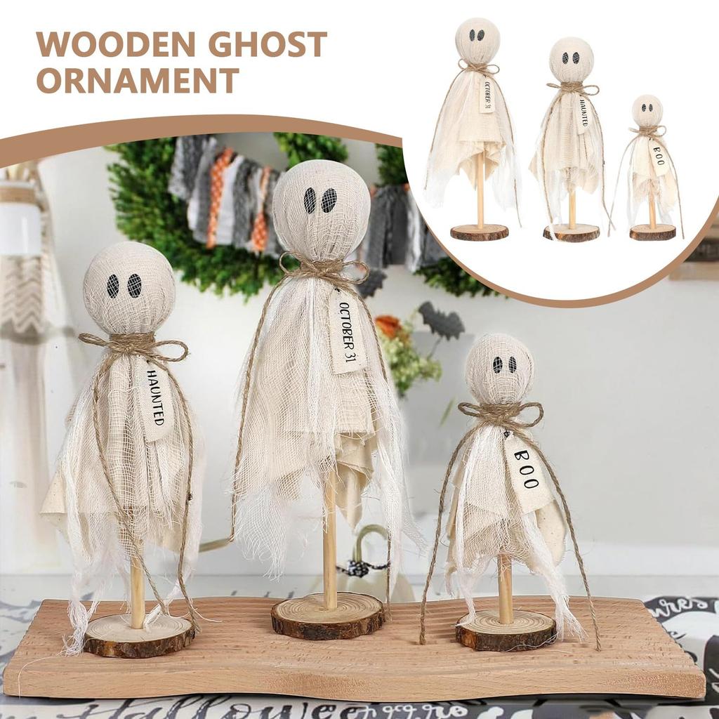 Halloween Interior Decorations - Set Of 3 Halloween Ghosts, Wooden Stand, Tabletop Decorations, Horror Halloween Decorations