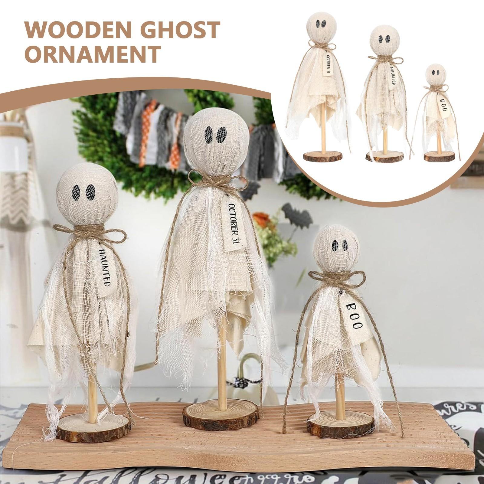 

Halloween Interior Decorations - Set Of 3 Halloween Ghosts, Wooden Stand, Tabletop Decorations, Horror Halloween Decorations One Size