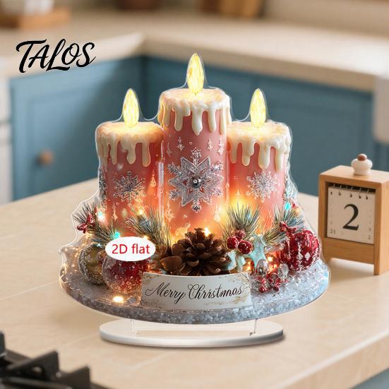 New Year Party Supplies Christmas Candle Ornament, 2D Flat Acrylic Ornament with Base, Tabletop Ornaments Snowman Reindeer Festive Table Centerpiece