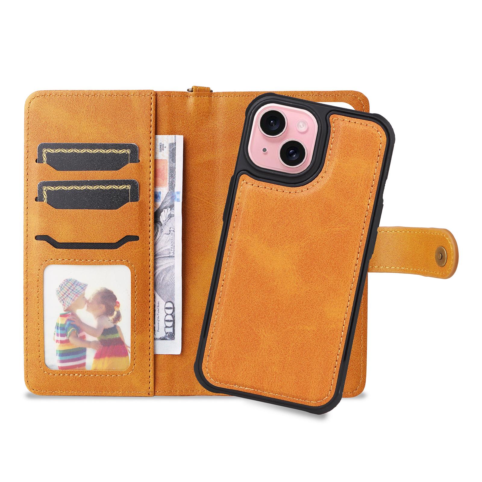 

For iPhone 15 Leather Case with Detachable Wallet and Strap Cell Phone Cover Brown