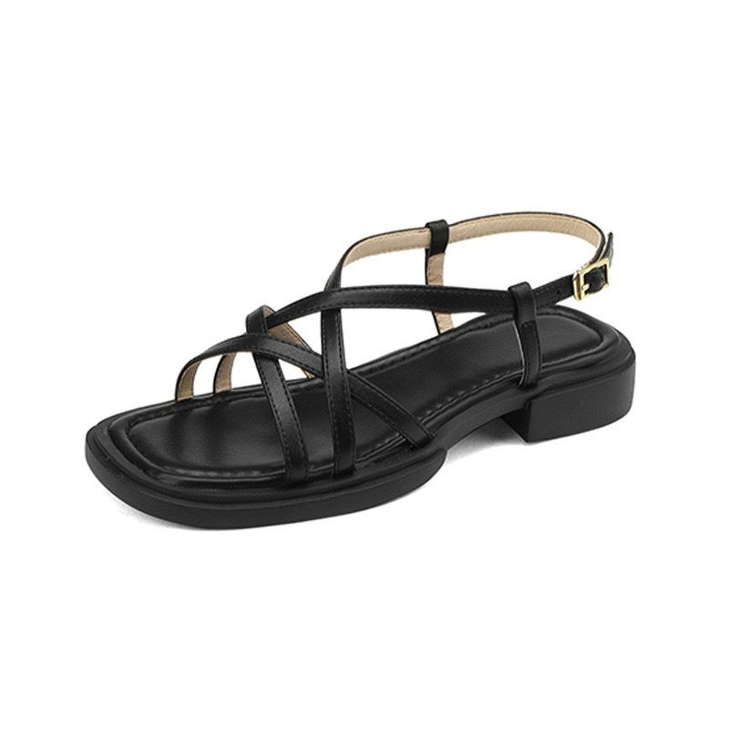 

Leather version~ French sandals women s thick soles are beautiful and not tiring, summer with skirts, cross-strap Roman shoes 40