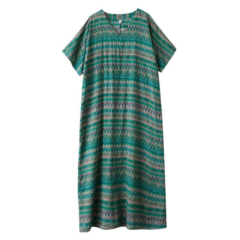Real Shot Summer V-neck Thin Cotton and Linen Loose Literary and Simple Holiday Style Thin Striped Dress Women