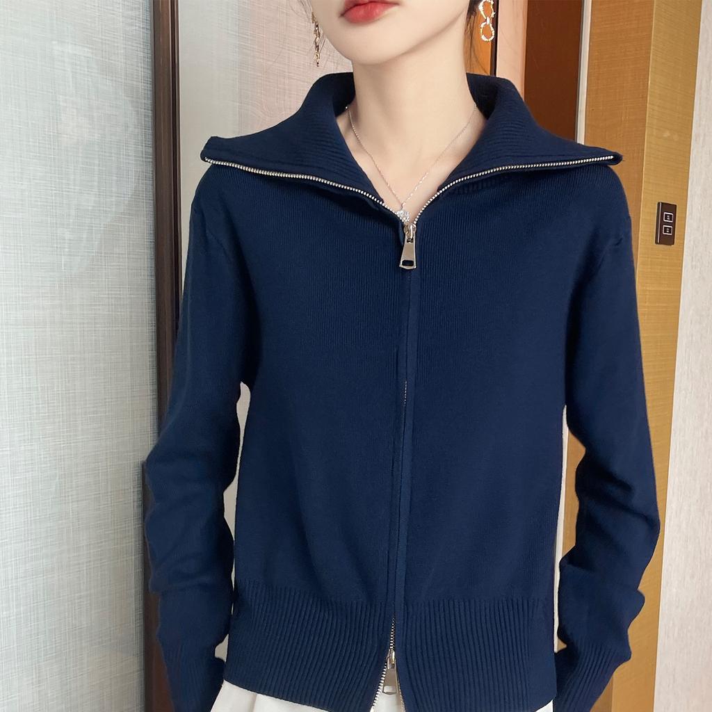 Fashionable and Elegant Double-zipper Large Lapel Sweater Coat New Autumn and Winter Women's Solid-color Knitted Cardigan