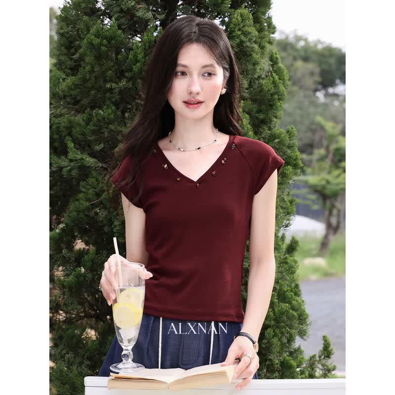 Lu Xiangnan Women s Red V-Neck Short Sleeve T-Shirt S