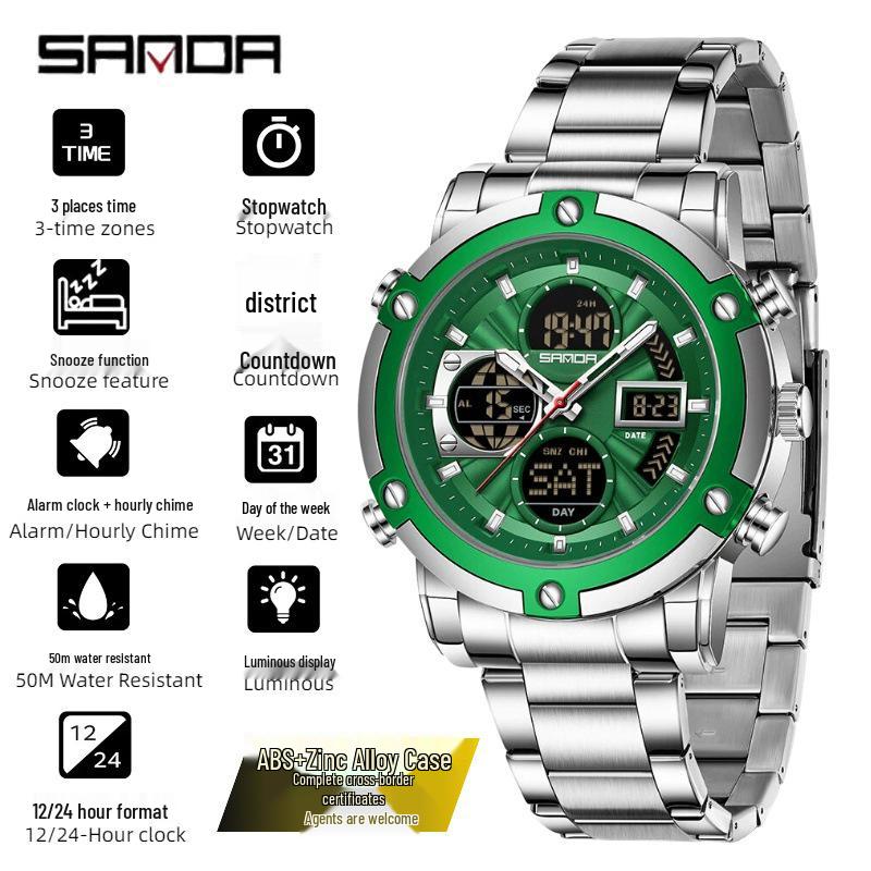 SANDA Men's Multi-Time Zone Steel Band Watch - Luminous, Waterproof, Alarm & Stopwatch Features