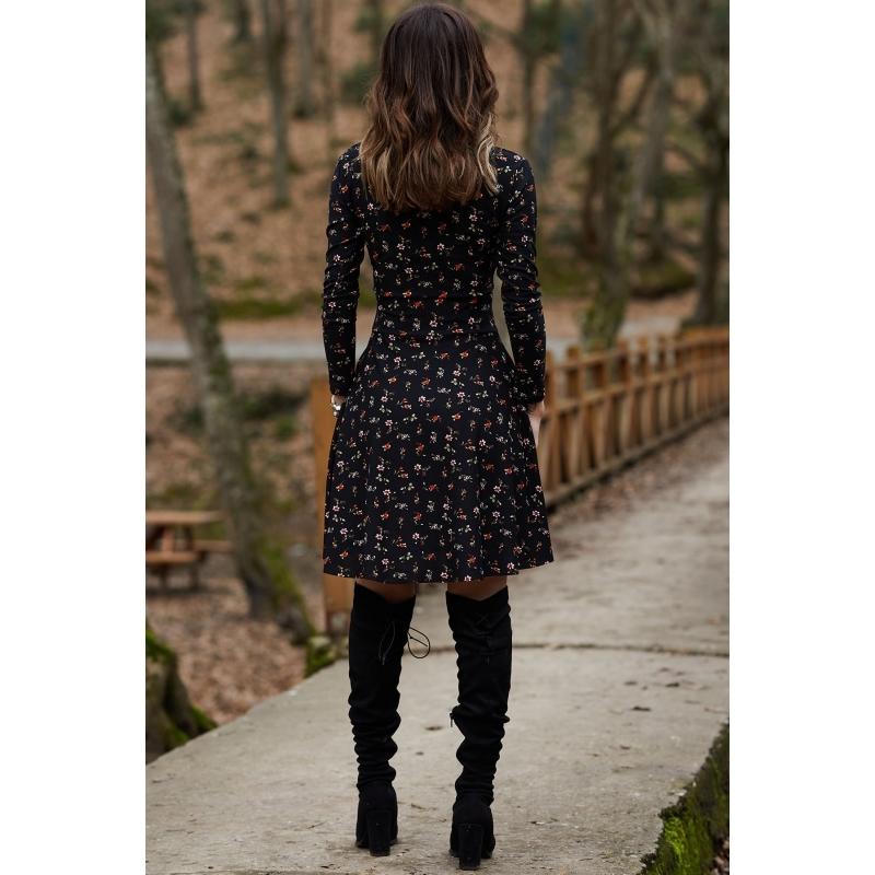Floral Patterned Double Breasted Long Sleeve Short Dress