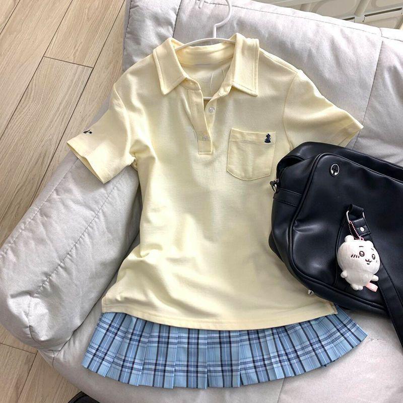 

Аутентичная рубашка-поло JK Uniform: Японский академический стиль, облегающий талию вышитый топ с коротким рукавом