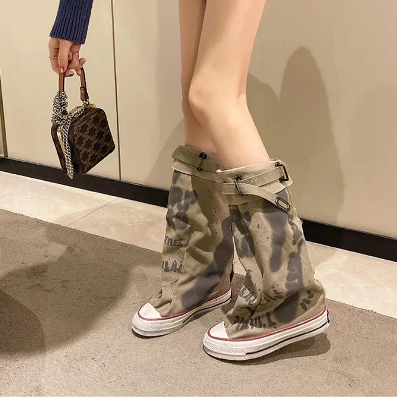 

Fashion Graffiti 2025 New High Top Canvas Shoes Women s Spring Boots Wide Barrel Mid Barrel Boots 2025 New Trouser Barrel Stacking Boots 40 хаки
