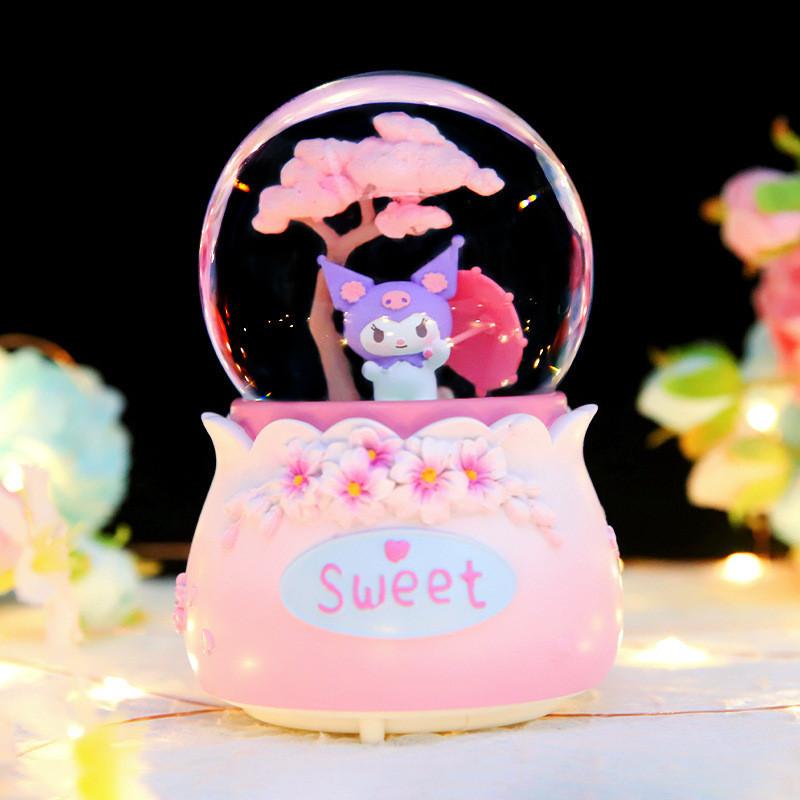 Cute Glowing Eight-tone Music Box Cherry Blossom Tree Rotating Crystal Ball Desk Decoration Gift Pink Bunny