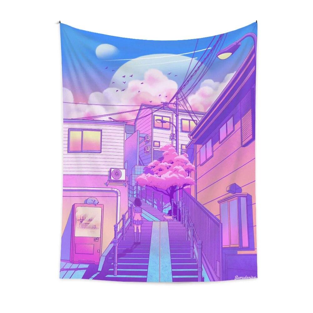 Purple landscape city building tapestry anime character wall hanging cloth bedside carpet room decoration tapestry