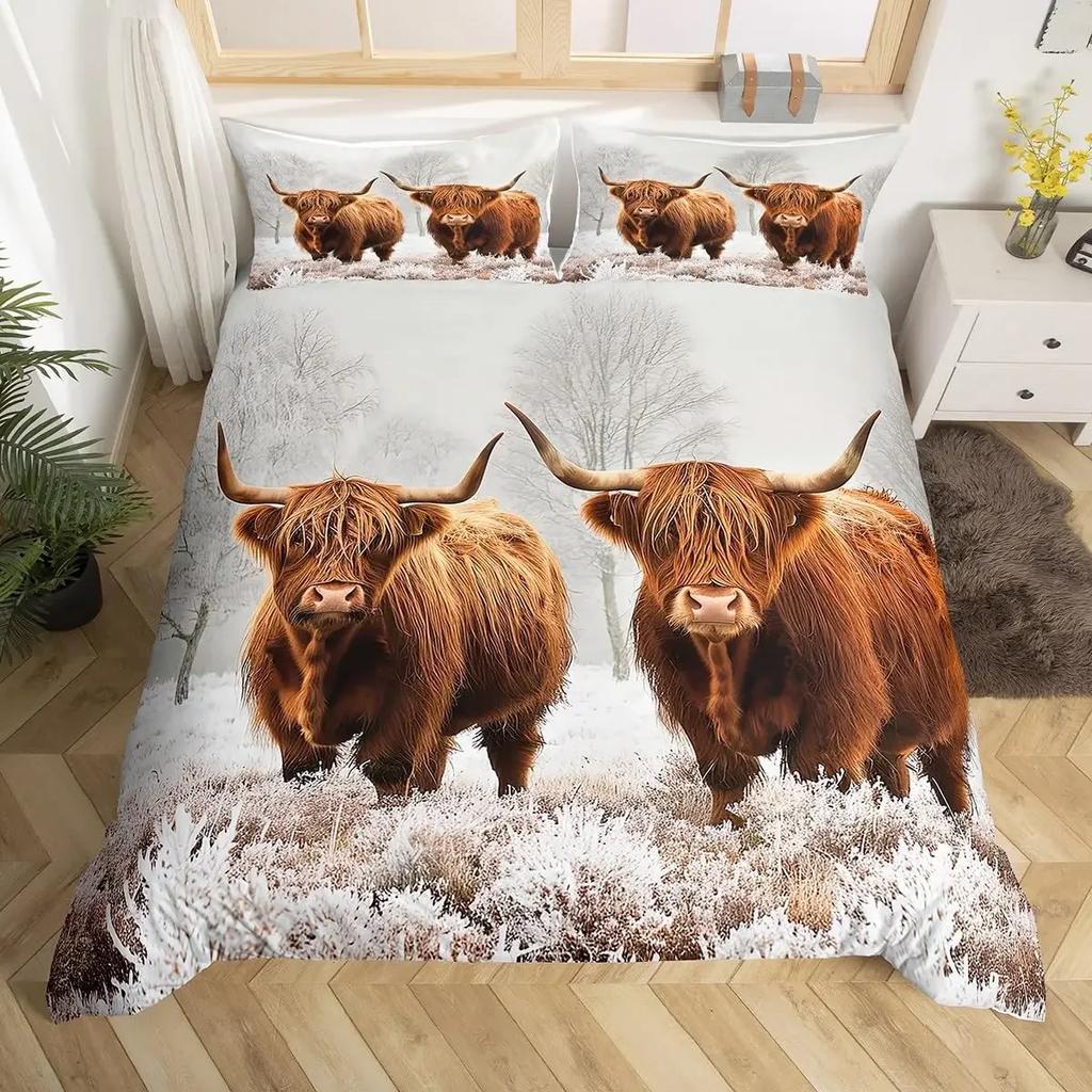 Highland Cow Duvet Cover King Sunflower Farm Animal Bedding Set Cute Highland Cattle Floral Quilt Cover Rustic Farmhosue Decor