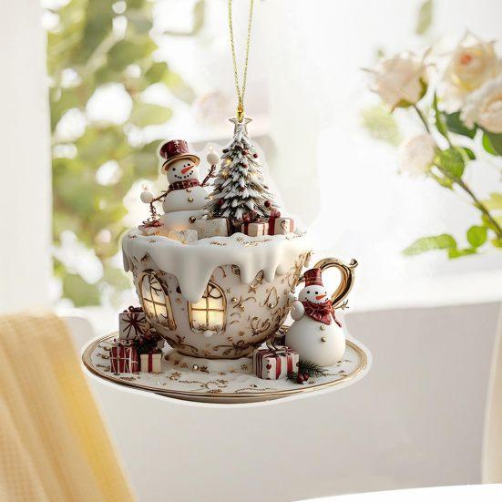 Yousheng 4 Pcs 2D Acrylic Christmas Ornament Cup Shaped Hot Cocoa Hanging Ornaments Snow Village House Xmas Tree Decoration for Tree Car Decor