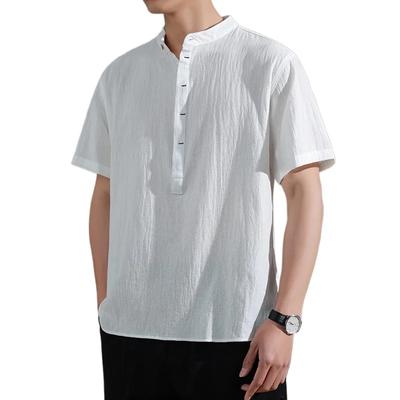 Yazlık Erkek Günlük Henley Gömlek Kısa Kollu Tişörtler Pamuk Keten Plaj Tatili Tişört Düğmeli Vintage Tişört Erkek 5XL