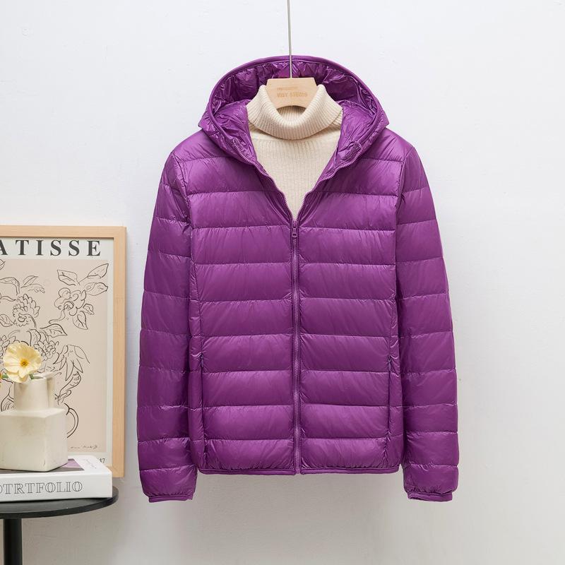 Down jacket women's light and thin fashion hooded short plus large size plus fat white duck down light European size coat