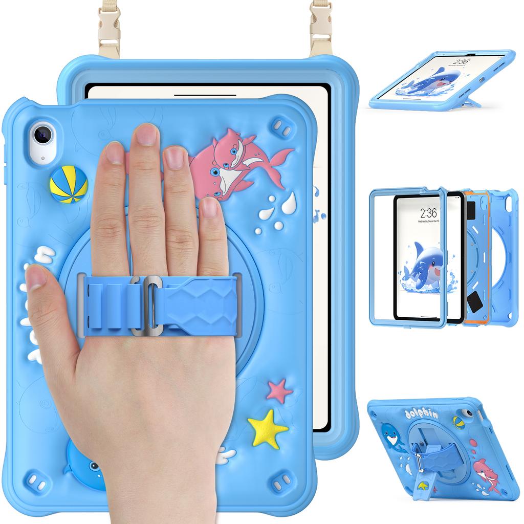 For iPad (2025)/10.9 (2022) Case with Shoulder Strap Kickstand PC+Silicone+TPU Cute Dolphin Cover