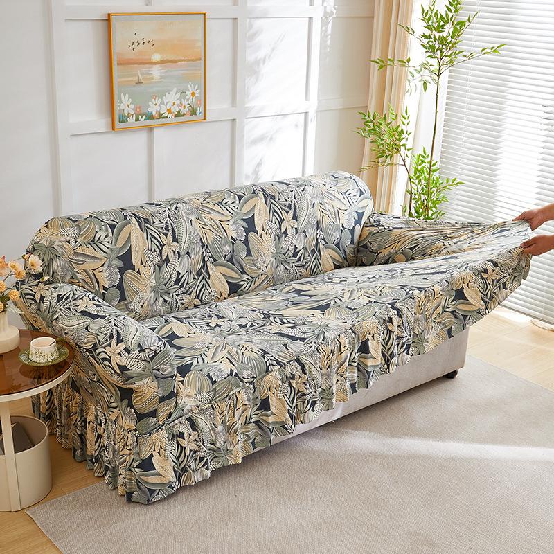 Vintage Printed Sofa Cover With Skirt Hem All-Cover Elastic Sofa Protection Slipcover Anti Slip Wear-Resistant Recliner Covers