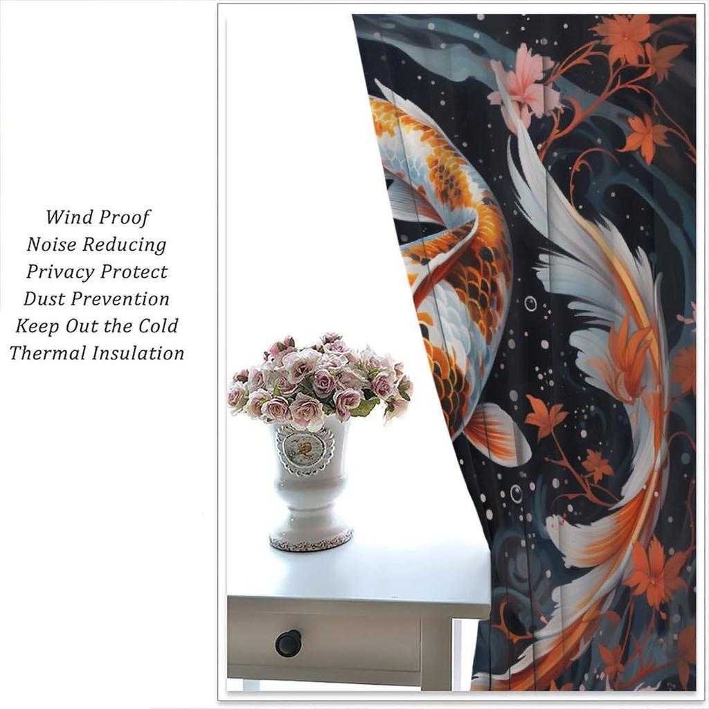 Japanese Wave Curtain Fantasy Anime Koi Fish Black Background Oriental Japanese Sea Wave Flower Art Pole Pocket Blackout Curtain