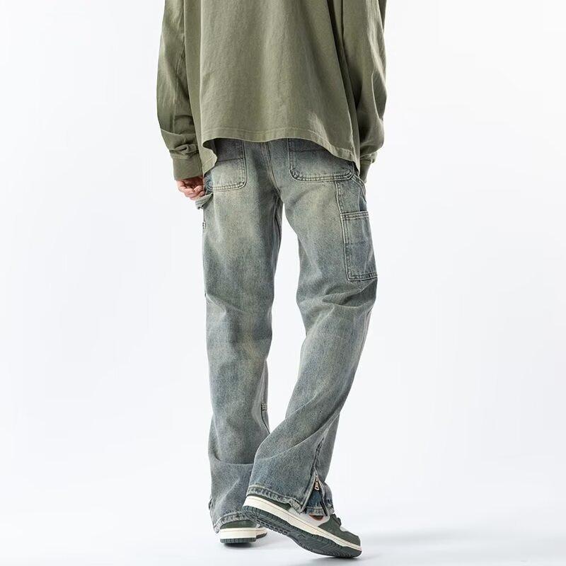Micro-pull Jeans Men's New Washed Old American Retro Zipper Pants Trendy Brand Straight Floor-mopping Trousers