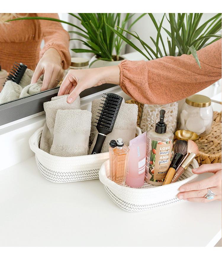 Cotton & Jute Woven Storage Basket - Cosmetics, Snacks, Sundries Organizer