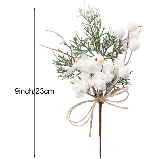 10 Pack Artificial Pine Branches Christmas Floral Picks Frosted White Berries Stems with Birds Holly Sprays for Holiday Decorations Great Addition To