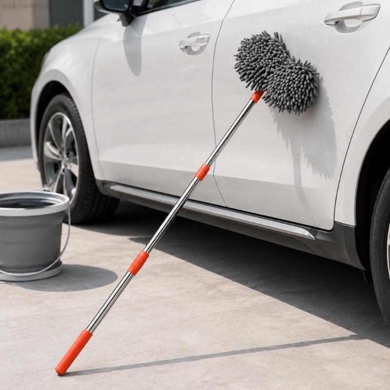 Long Handle Car Wash Mop with Soft Fiber Head for Rooflines, Windshields, Body Panels, Regular Vehicle Washing, and Easy Storage Tasks