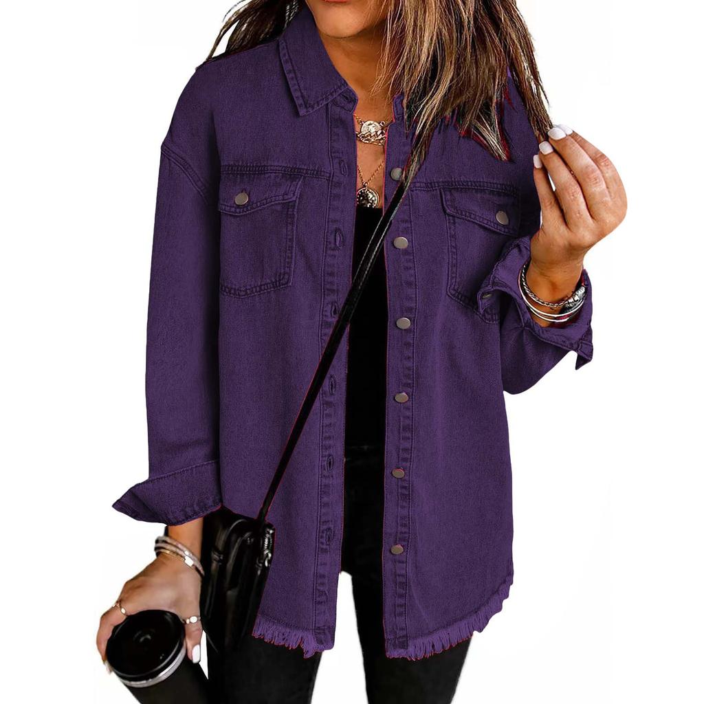Women's Fashion Washed Denim Shirt Jacket With Frayed Hem Solid Color Outerwear