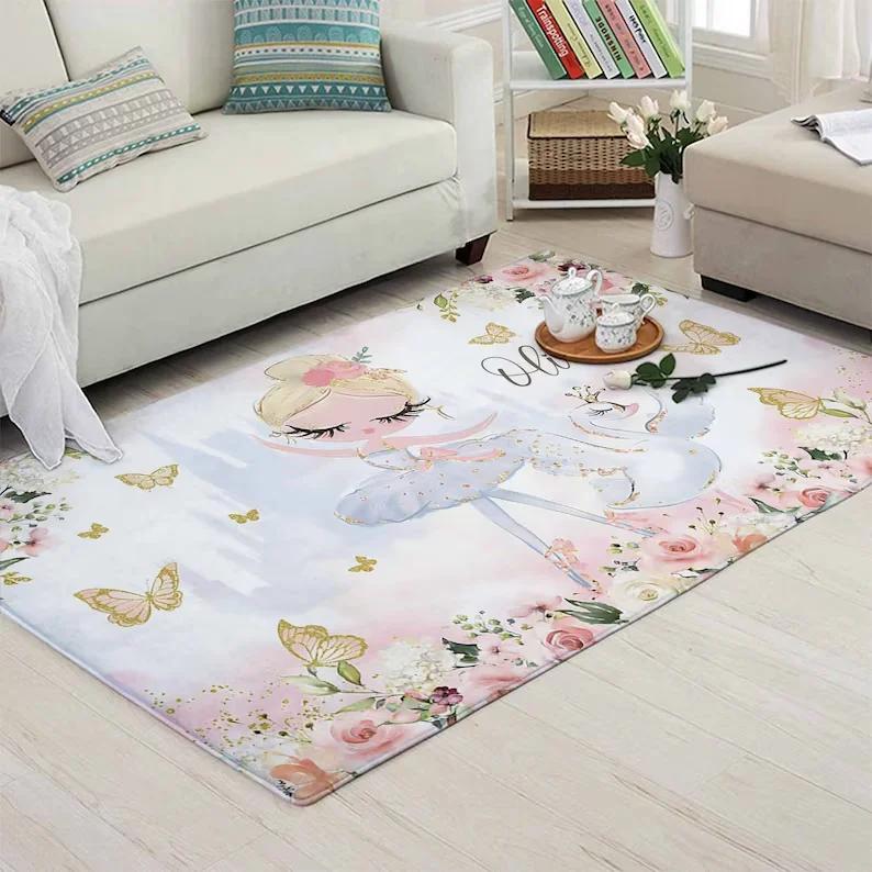 Bedroom Rug Entryway Rug Soft Rug Non-Slip Carpet Kids Room Rug Teen Girl Room Rug Ballet Girl Rabbit Rugs Entryway Rug Pink Rug