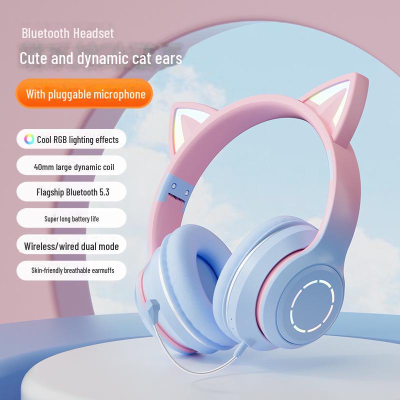 Bluetooth-Gaming-Headset mit Katzenohren in Farbverlauf und Leuchteffekt