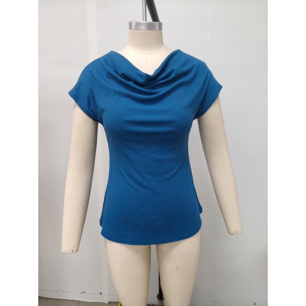 Summer Spring Fashion Women's Solid Color Short Sleeve Slouchy Neck Casual Tops