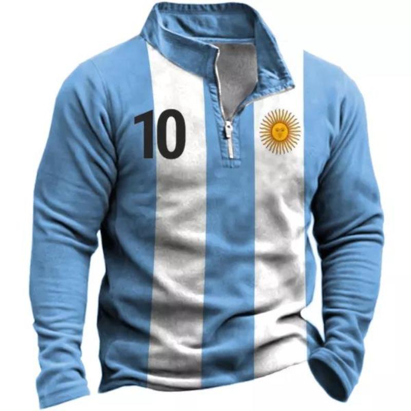 Argentina Flag Print Long Sleeve Polo Shirt, Number 10, Casual Sportswear